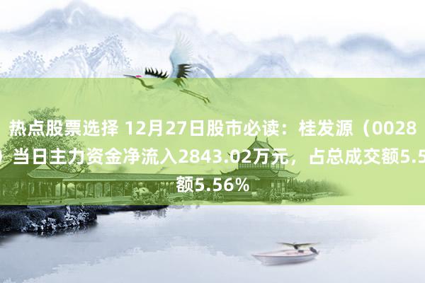 热点股票选择 12月27日股市必读：桂发源（002820）当日主力资金净流入2843.02万元，占总成交额5.56%